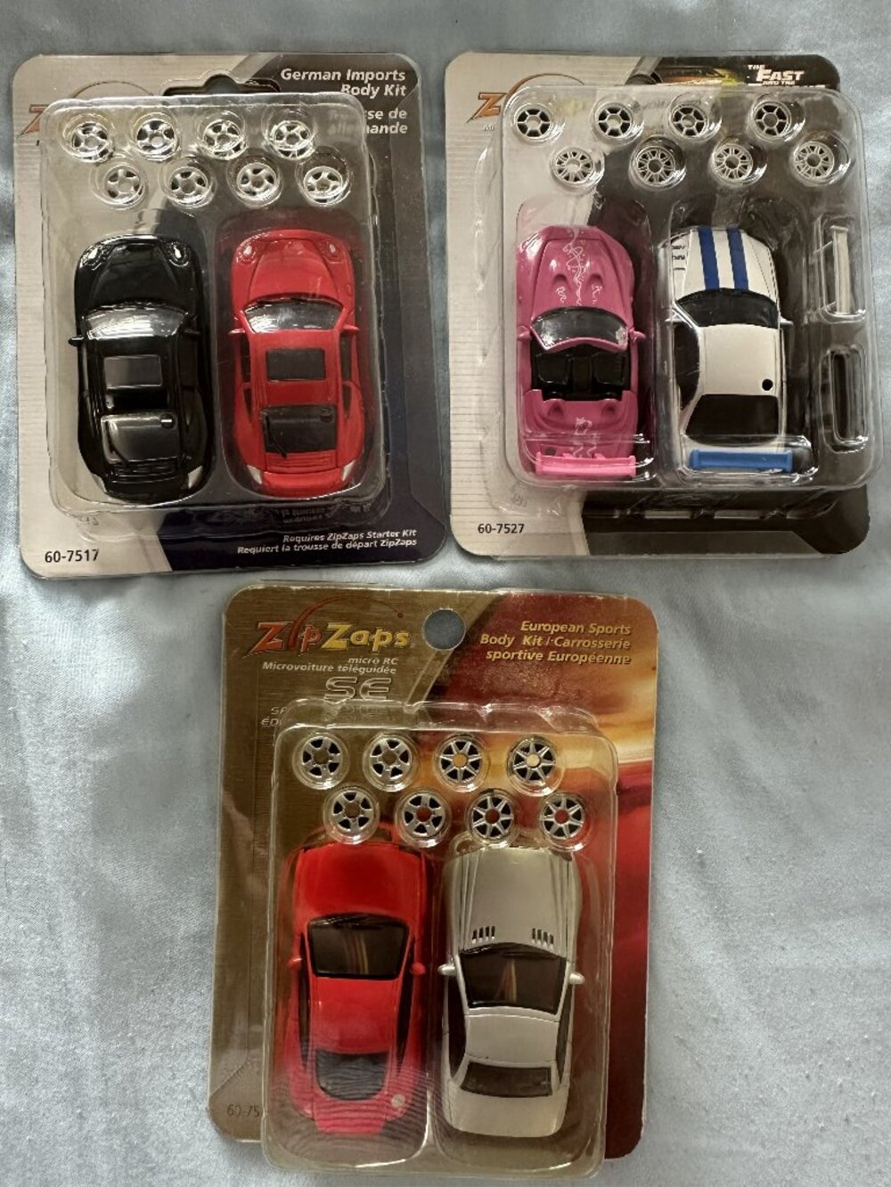 Three sets of Zip Zaps Micro RC Car Body Kits Fast and Furious